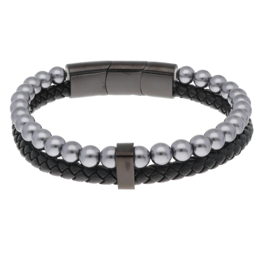 PULSERA ACERO, PIEL Y PERLAS 6MM